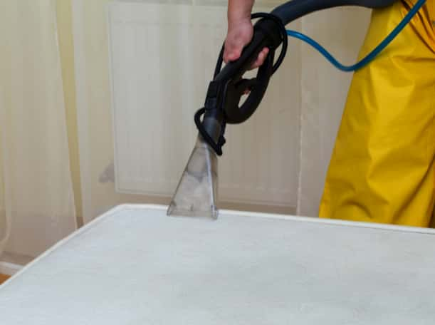 This is a photo of a man steam cleaning a dirty mattress works carried out by Mill Hill Carpet Cleaning.